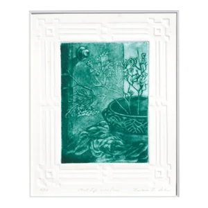 "Still Life With Door", Monochrome Cyan Drypoint Etching by Barbara B. Cohn
