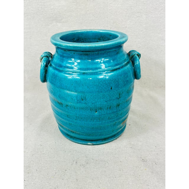 2010s Turquoise Ceramic Crock With Handles For Sale - Image 5 of 8