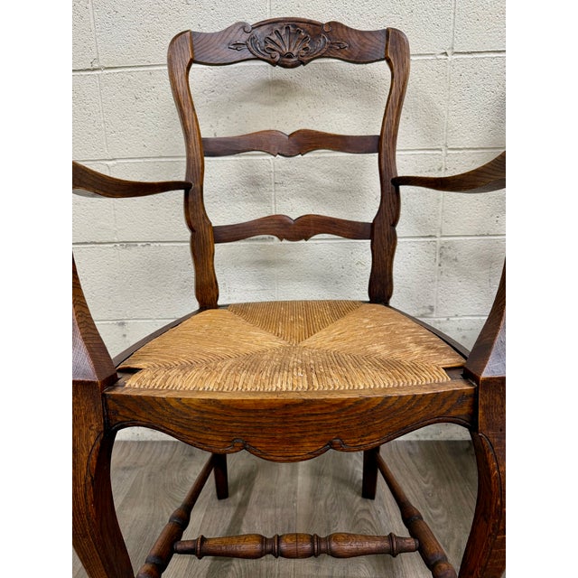 Antique French Country Style Louis XV Style Ladder Back Rush Seat Arm Chairs For Sale - Image 4 of 10