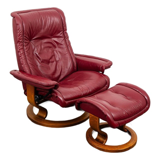 Mid Century Danish Modern Lounge Chair Leather Ekornes Red Recliner Ottoman For Sale