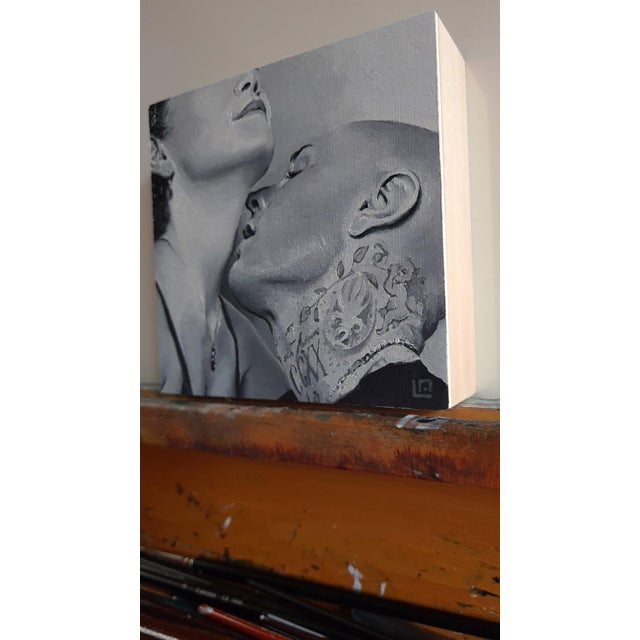 Figurative The Kiss #2 by Linda Delahaye | Oil on Panel Portrait of a couple embracing. For Sale - Image 3 of 3