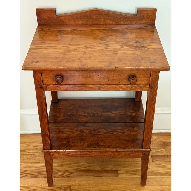 Beautiful 19th century Arts & Crafts pine work table. One drawer with wooden knobs and a lower shelf. Perfect beside the...