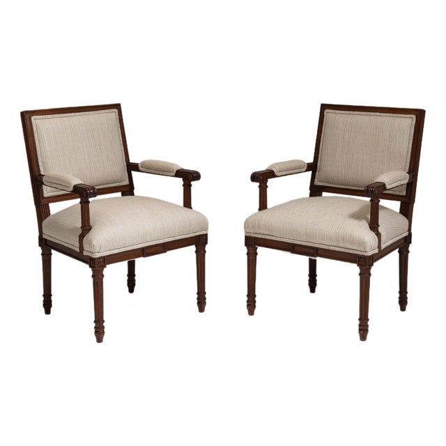 Pair of 19th Century French Chestnut Brown Louis XVI Oak Upholstered Armchairs For Sale