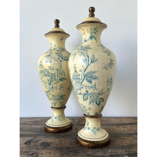 Wood Vintage Crackle Finish Blue Willow Urns - A Pair For Sale - Image 7 of 12
