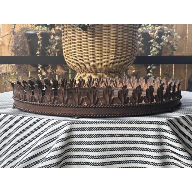 Bronze Large Vintage Italian Tole Acanthus Leaf Round Mirrored Tray / Round Mirrored Cocktail Tray For Sale - Image 8 of 17