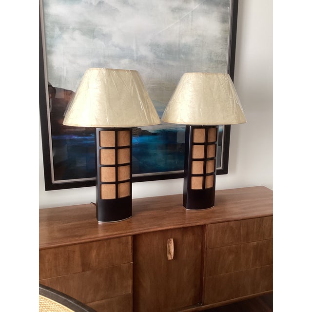 Wood Late 20th Century Asian-Inspired Espresso-Stained Wood & Parchment Grid Table Lamps With New Shades - a Pair For Sale - Image 7 of 8