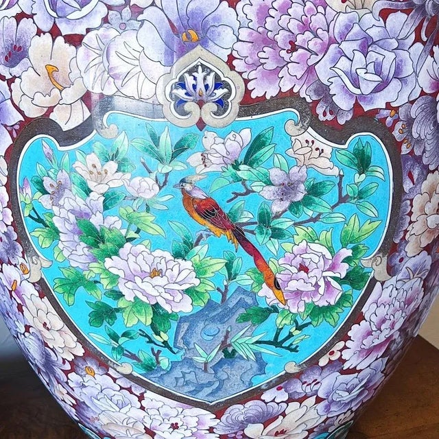 Early 20th Century Large Japanese Cloisonne Jardiniere Depicting Birds and Flowers, a Pair For Sale In Los Angeles - Image 6 of 13