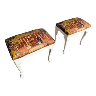 Vintage Bombay Company Benches/Foot Stools With Chinoiserie Upholstery- a Pair For Sale