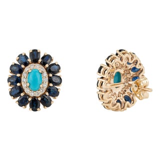 6.46ct Turquoise Sapphire Diamond Halo Floral Cluster Stud Earrings in 14k Gold-a Pair For Sale