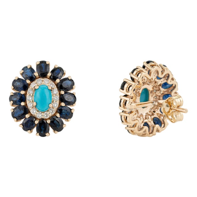 6.46ct Turquoise Sapphire Diamond Halo Floral Cluster Stud Earrings in 14k Gold-a Pair For Sale