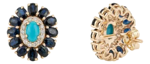 6.46ct Turquoise Sapphire Diamond Halo Floral Cluster Stud Earrings in 14k Gold-a Pair