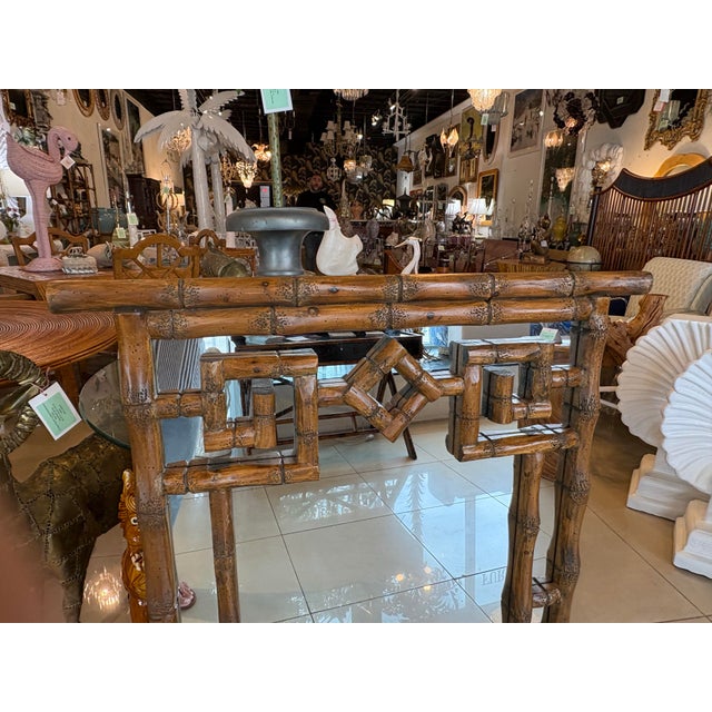 1970s Vintage Palm Beach Coastal Faux Bamboo Pagoda Greek Key Wall Mirror For Sale - Image 5 of 10