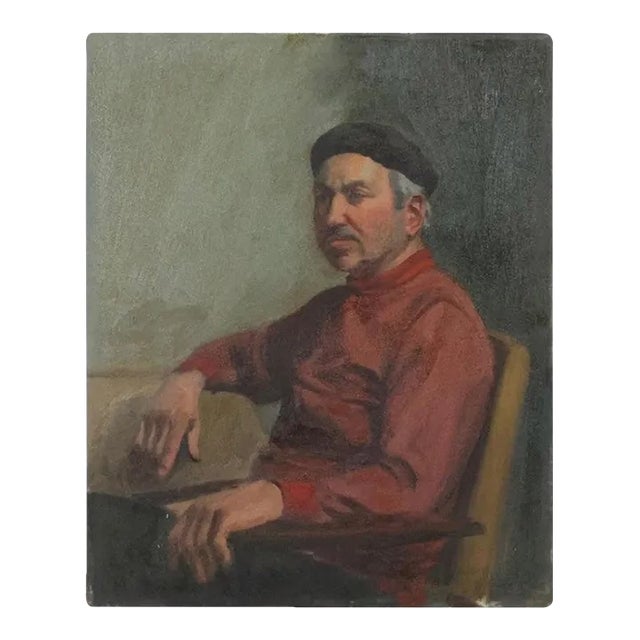 Mid Century Oil Painting on Canvas Portrait of a Seated Man, Artist Signed and Dated 1969. D.Kersting In stunning celadon,...