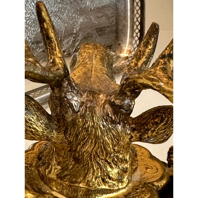 Bronze 19th Century French Dore Gold Gilt Metal Stag Head Double Inkwell For Sale - Image 8 of 11