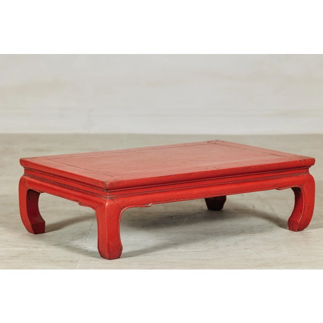 Wood Vintage Chinese Low Red Lacquer Coffee Table with Curved Legs For Sale - Image 7 of 11