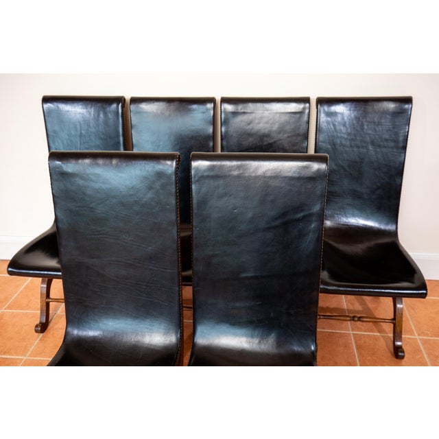 Mid-Century Spanish Oak and Black Leather Dining Chairs by Pierre Lottier for Valmazan, 1960s, Set of 6 For Sale - Image 9 of 18