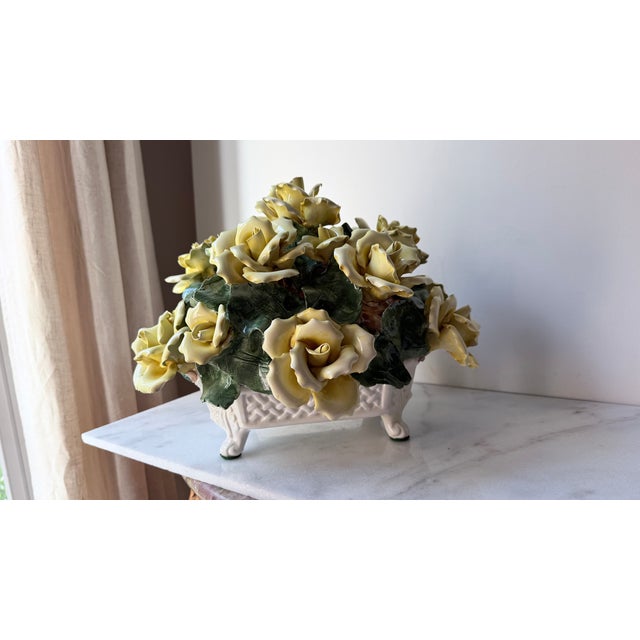 Vintage Italian Capodimonte-Style Porcelain Floral Arrangement Yellow Roses and Green Leaves Set Inside a White Textured Ceramic Basket. For Sale - Image 11 of 16