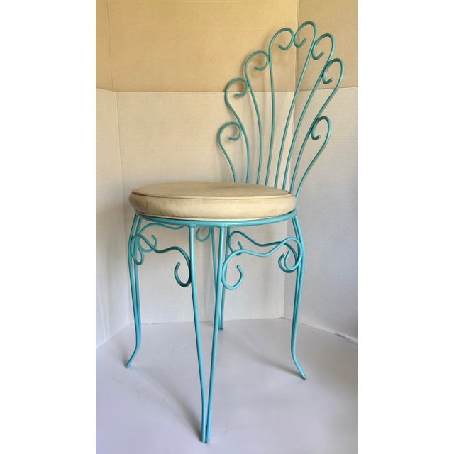 Vintage Aqua Wrought Iron Vanity Chair With Shell-Shaped Scroll Back & Cushion For Sale - Image 12 of 12