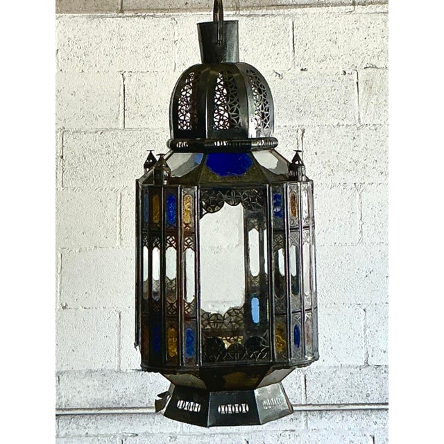Vintage Boho Punch Cut Metal Moroccan Lantern For Sale - Image 4 of 9
