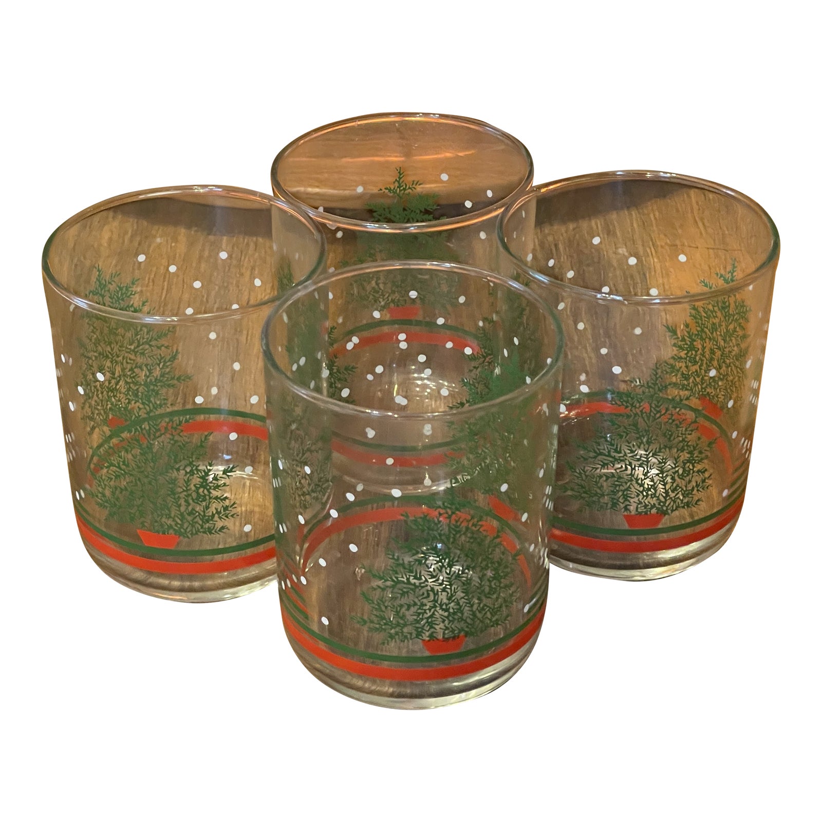 Vintage Libbey Christmas Tree Snow Double Old Fashioned Glasses Set of