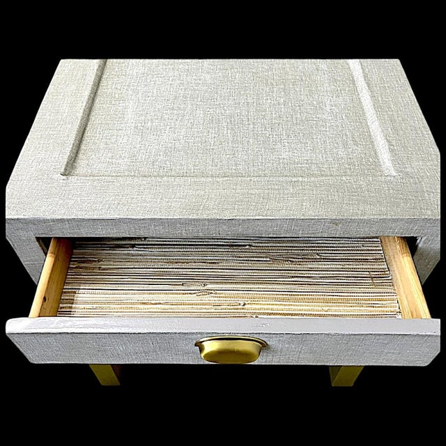 2010s Pair of Modern Gray Linen Fabric Wrapped End Tables With Champagne Metal Legs For Sale - Image 5 of 6