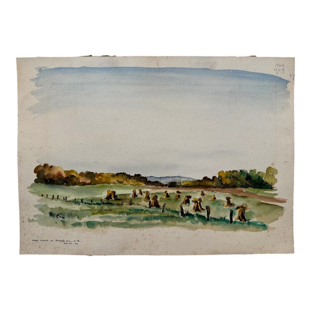 Henry Emil Salloch Original Watercolor on Paper Corn Stacks at Bunker Hill, West Virginia. 1946. For Sale