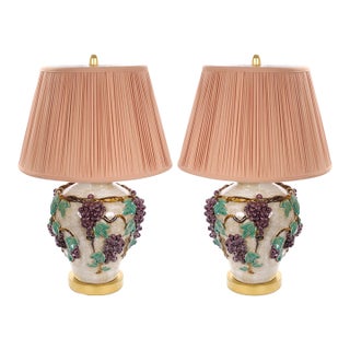 Mid-Century Modern Italian Glazed Ceramic Grape and Vine Table Lamps –Pair For Sale