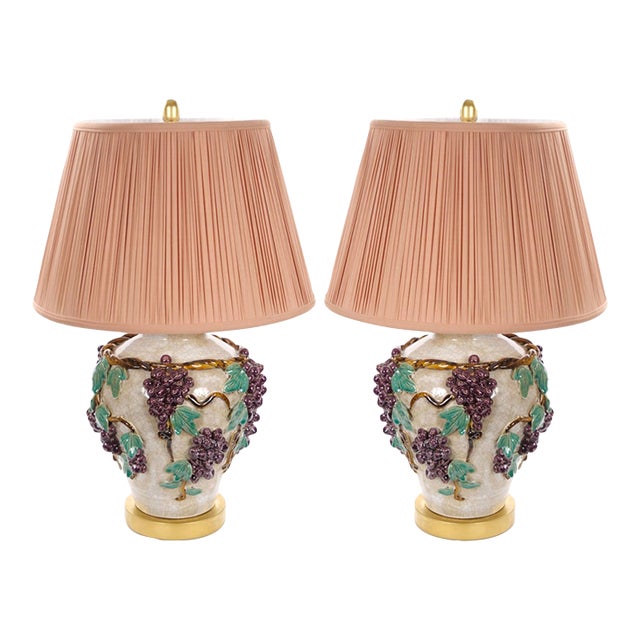 Mid-Century Modern Italian Glazed Ceramic Grape and Vine Table Lamps –Pair For Sale