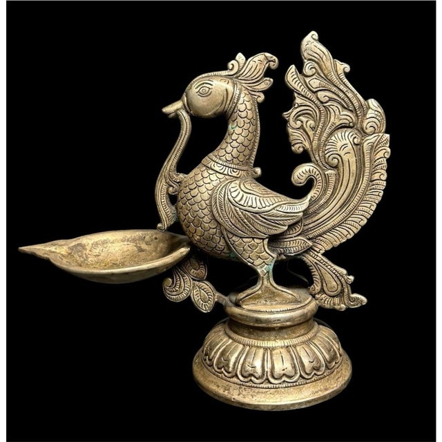 Mid Century Indian Brass Tin Ceremonial Oil Lamp Swan Bird Yali, South India Hand Made For Sale In Los Angeles - Image 6 of 10