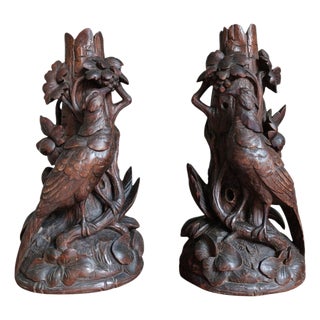 Antique Walnut Black Forest Vase Holders with Pheasants, 1890s, Set of 2 For Sale