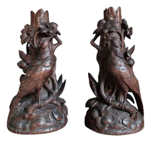 Antique Walnut Black Forest Vase Holders with Pheasants, 1890s, Set of 2