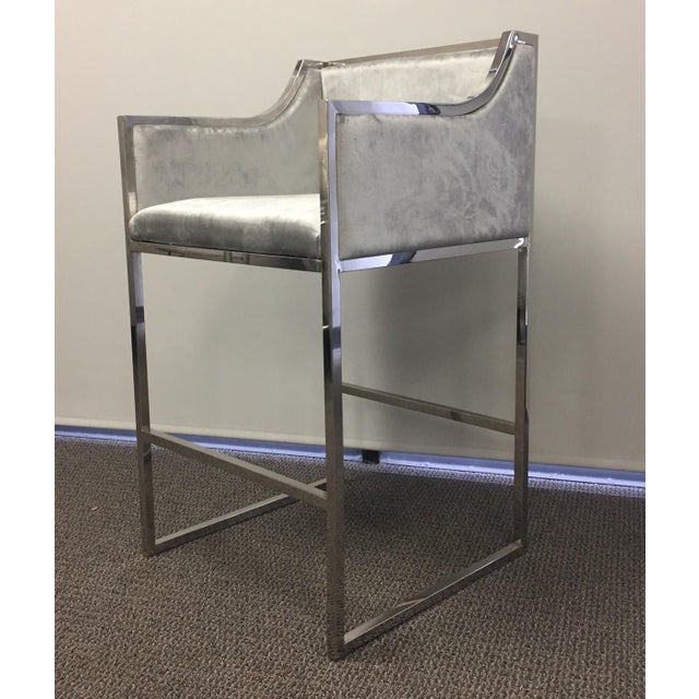 Contemporary Modern Chrome and Gray Velvet Bar Chair For Sale - Image 3 of 6