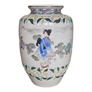 Antique 19th C. Giant Japanese Satsuma Ceramic Vase With Geisha - Tea Company Bonus to Retailer - 65 Pounds For Sale
