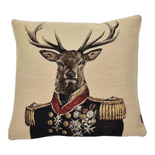 Admiral Stag Beige Tapestry Cushion With Feather Filler - 33x33cm (13"x13") For Sale