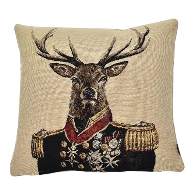 Admiral Stag Beige Tapestry Cushion With Feather Filler - 33x33cm (13"x13") For Sale