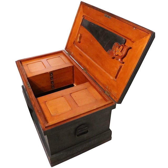 Wood Antique Fitted Wood Carpenters Box Trunk Coffee Table For Sale - Image 7 of 18