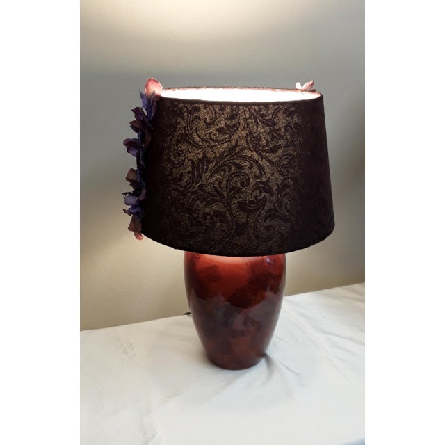 Black Vintage Table Lamp with Brown Patterned Ceramic Foot and Black-Brown Fabric Shade with Colored Flower Trim, 1980s For Sale - Image 8 of 10