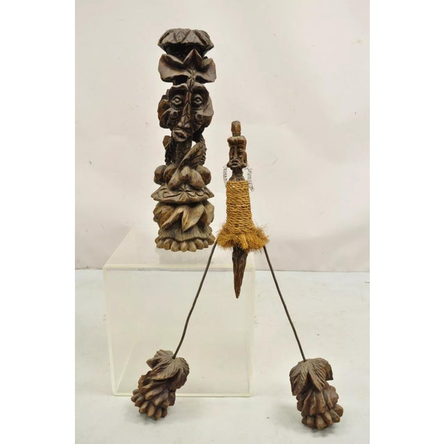 Vintage Primitive Carved Wood Figural Tiki Kinetic Wobbly Balancing Art Sculpture. Circa Late 20th Century. Measurements:...