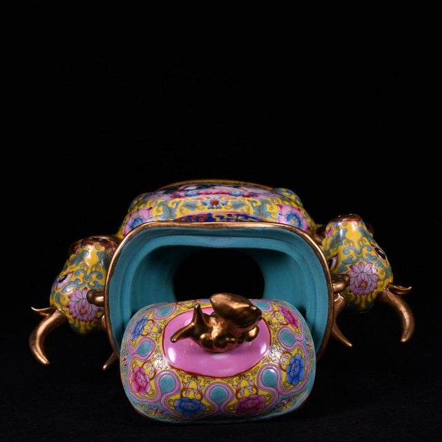 Ceramic Chinese Yellow Ground Famille Rose Porcelain Zun Vase With Bull Handles For Sale - Image 7 of 9