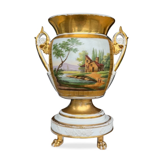 Early 19th Century Empire-Style Gilt Porcelain Landscape Vases With Paw Feet — Set of Two For Sale - Image 5 of 6