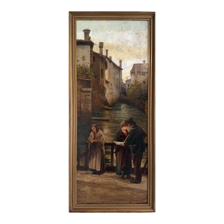 Antique 1913 Venetian/Italian School Canal Scene v. Campiniz Figures Landscape For Sale