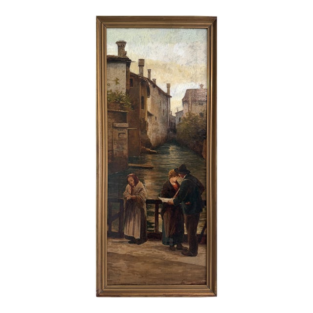 Antique 1913 Venetian/Italian School Canal Scene v. Campiniz Figures Landscape For Sale