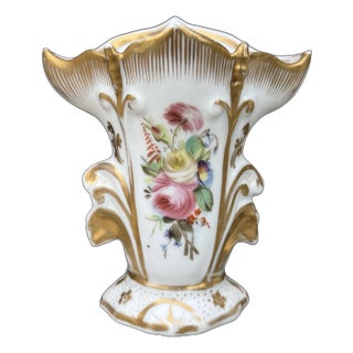 Antique French Paris Porcelain Spill Vase With Hand-Painted Floral and Gilded Detail For Sale