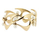 Signed Mid-Century Modern Ed Wiener 14k Gold & Pearl Modernist Link Bracelet For Sale