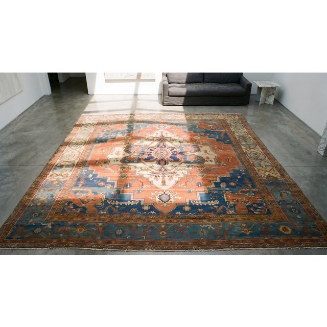 1880s Red Blue Geometric Antique Serapi Rug 12'6" X 14'6" Handknotted Wool Carpet For Sale In New York - Image 6 of 8