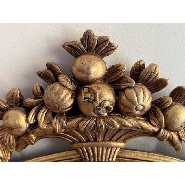 Labarge Gold Giltwood Style Beveled Glass Mirror With Pomegranate Fruit Basket Top For Sale - Image 4 of 9