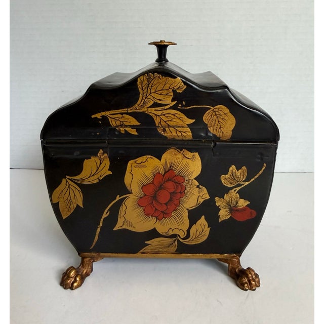 Metal Vintage Italian Tole Floral Hinged Box for Bergdorf Goodman With Gilt Claw Feet For Sale - Image 7 of 12