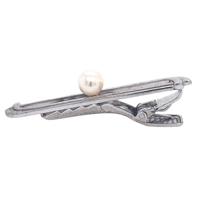 1990s 1990s Mikimoto Estate Akoya Pearl Tie Bar Sterling Silver 5.91 Grams For Sale - Image 5 of 12