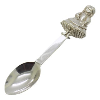 Vintage Italian Handmade Genuine Sterling Silver 925 Feeding Spoon with Little Girl, 1970s For Sale