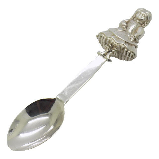 Vintage Italian Handmade Genuine Sterling Silver 925 Feeding Spoon with Little Girl, 1970s For Sale